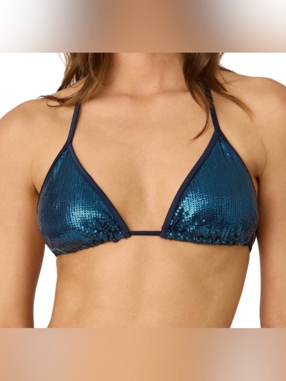 Shoshanna Navy Sequined Triangle Bikini Top Beaded Halter Cup Size A/B, $175
